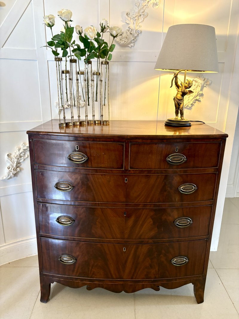 Antique Regency Quality Figured Mahogany Bow Fronted Chest of 5 Drawers - Image 6